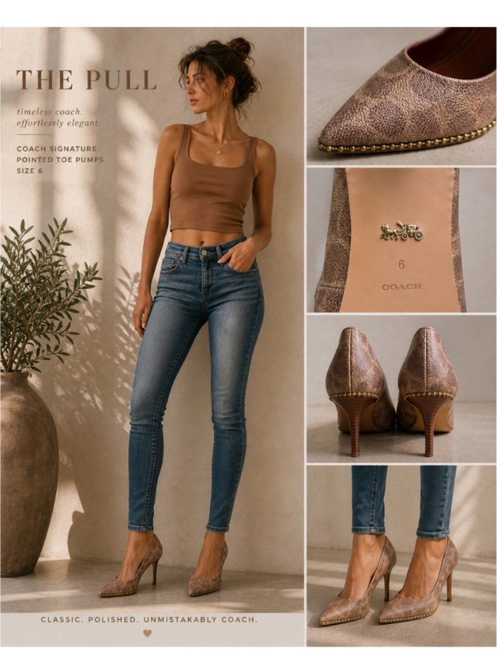 Coach Signature Canvas Pointed Toe Pumps Size 6 Neutral Brown Stilettos